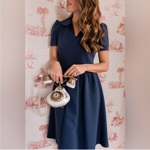 GAL MEETS GLAM GMG Allison Elegant Navy Blue Collar Dress